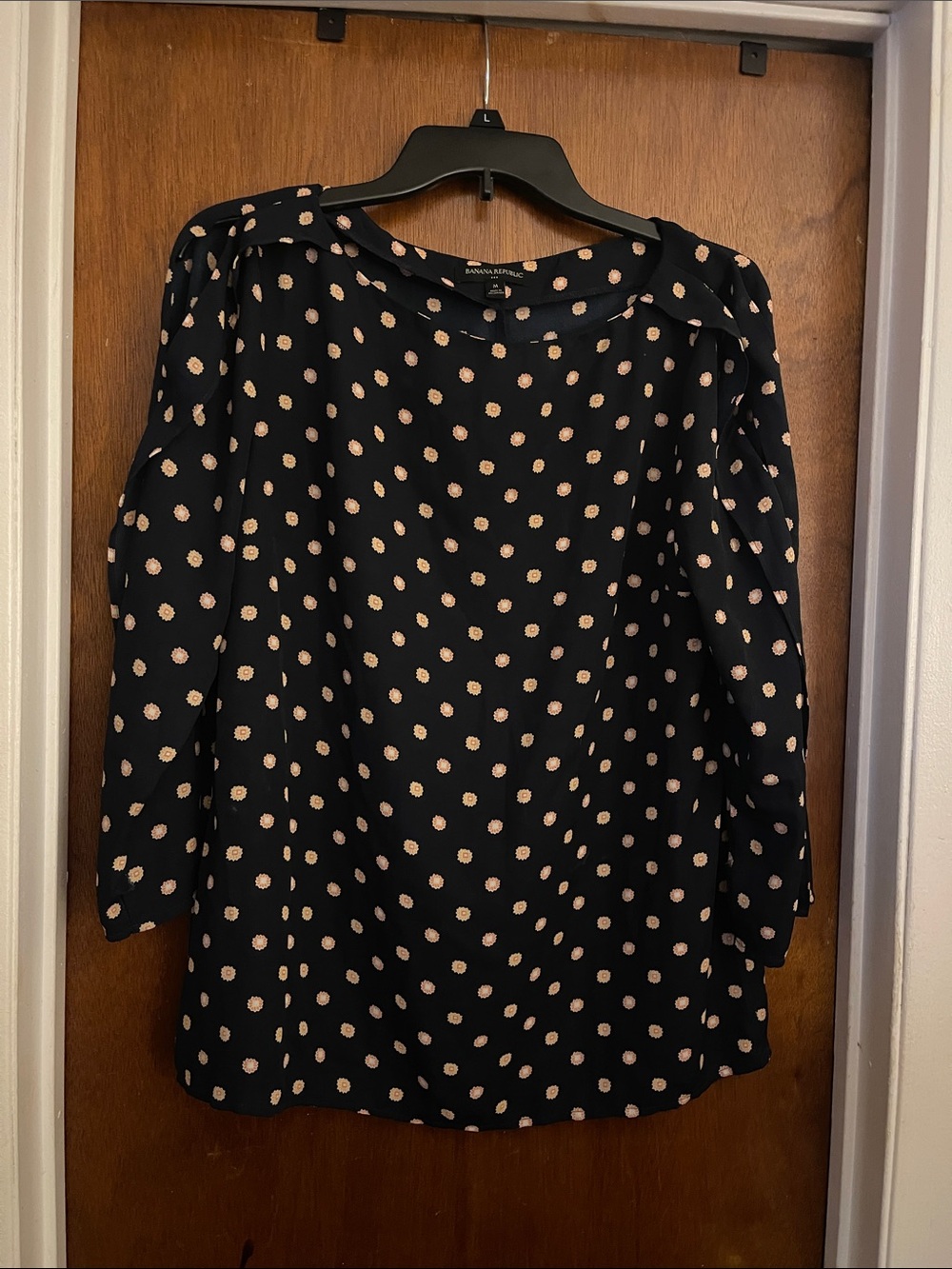 Polka Dot Long-Sleeve Blouse - Navy with Cream Dots